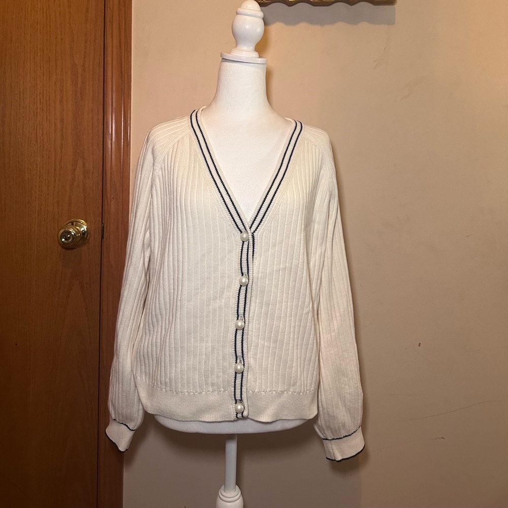 Talbots White Cardigan with Black Trim - Picture 1 of 6